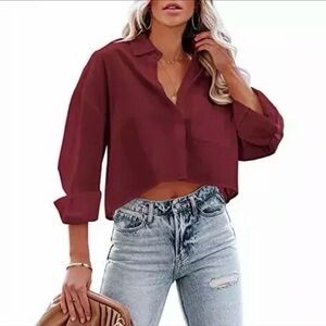 Abercrombie and Fitch Women’s Button Up Long Sleeve Crop Top Burgundy Boho XS